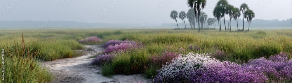 Obraz premium Blooming flowers in meadow with mystical tropical landscapes concept. A tranquil landscape with vibrant flowers and gentle waterways.