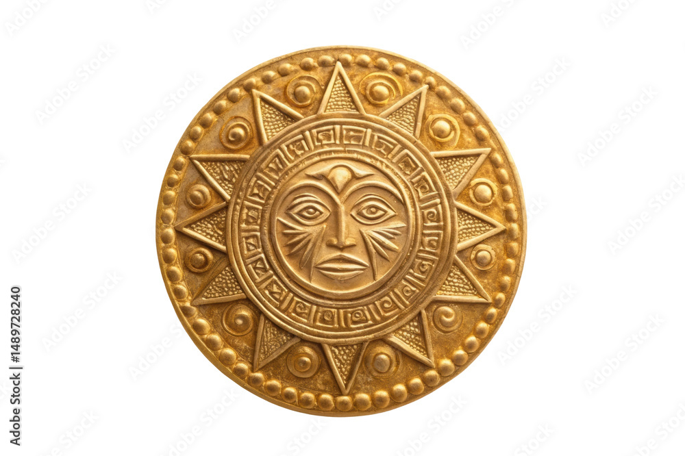 PNG Golden sun aztec-inspired medallion with geometric patterns PNG Golden sun aztec-inspired medallion with geometric patterns