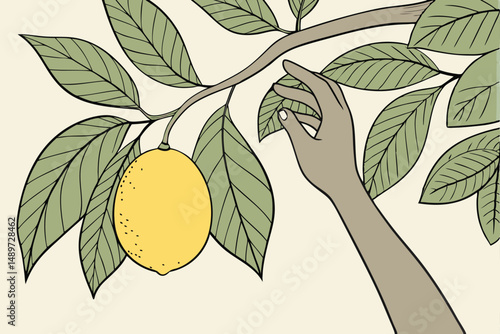 59 a ripe, freshly picked lemon held in an outstretched hand, surrounded by green leaves, natural lighting, high detail, realistic, 8k