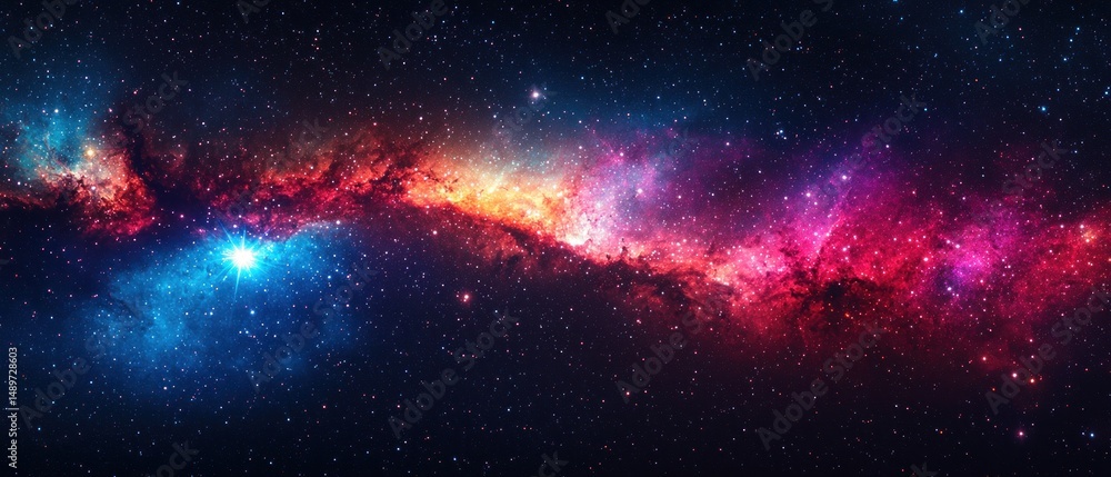 Naklejka premium A vibrant nebula, swirling cosmic dust and gas in shades of red, pink, blue, and orange. Stars twinkle across a dark backdrop