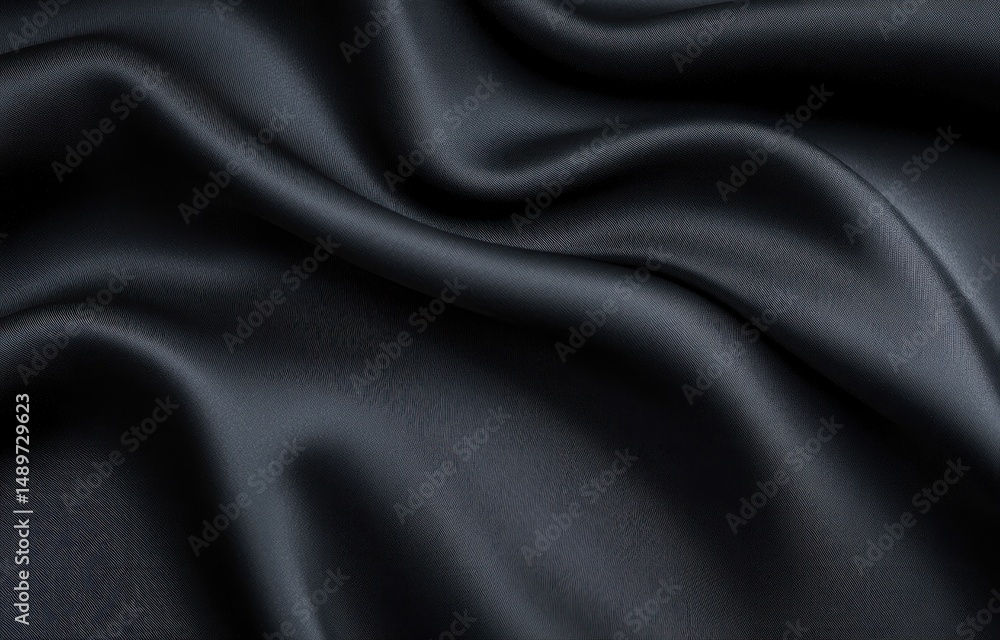 Fototapeta premium Smooth black satin fabric with gentle flowing folds and soft highlights creating a luxurious and elegant texture