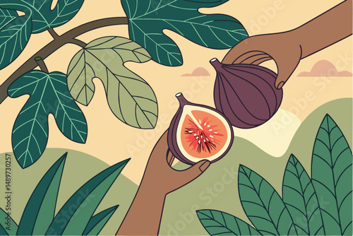 60 close up hands holding ripe figs, natural light, vibrant colors, detailed texture, lush greenery background, soft focus, high quality, professional photography