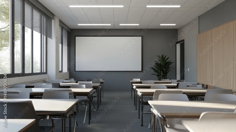 Fototapeta premium Modern classroom with desks, projector screen, and natural light