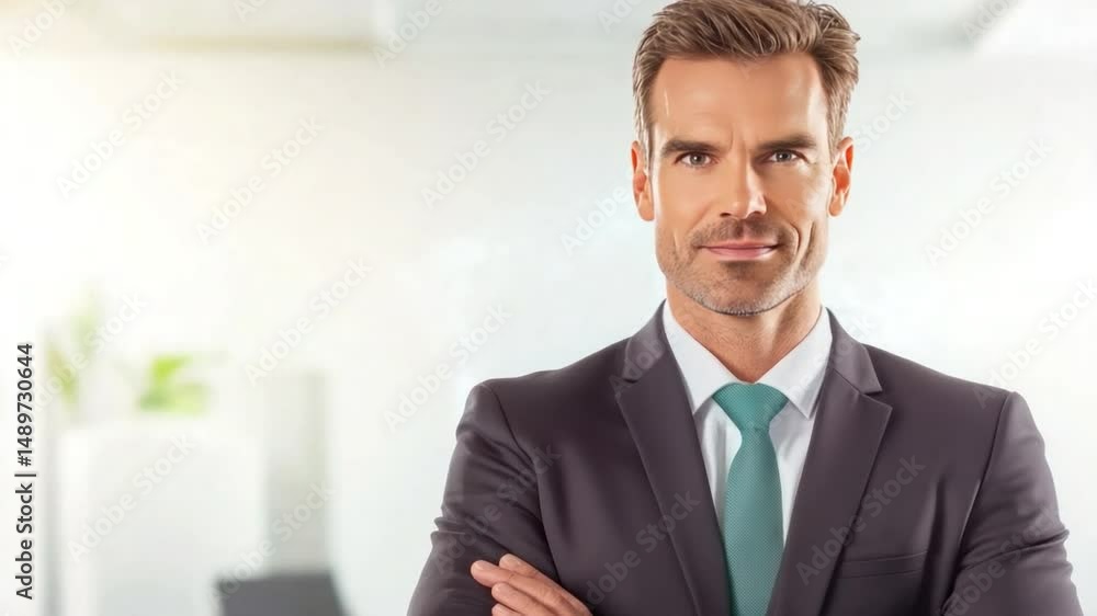 Confident professional portrait: A close-up, professional portrait of a handsome, composed business executive radiates poise and confidence, set against a modern office backdrop. Confident professional portrait: A close-up, professional portrait of a handsome, composed business executive radiates poise and confidence, set against a modern office backdrop.
