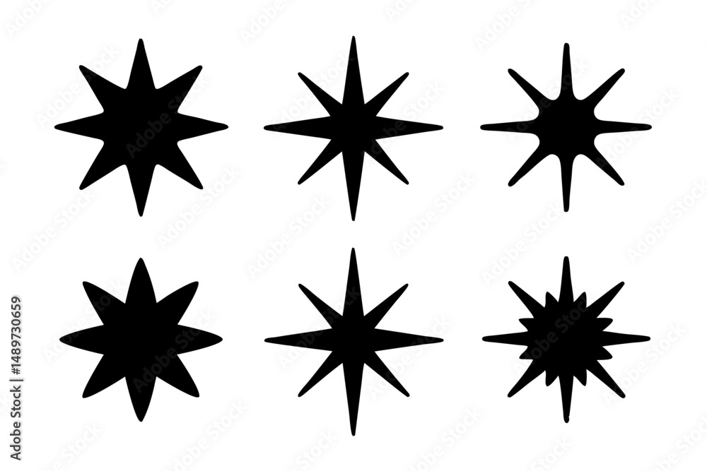 Obraz premium Eight pointed star shape black silhouette vector illustration