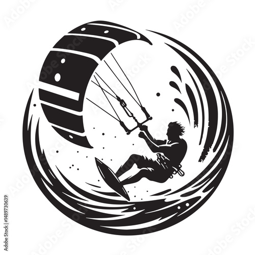 Kitesurfing Silhouette line art vector illustration on white background
