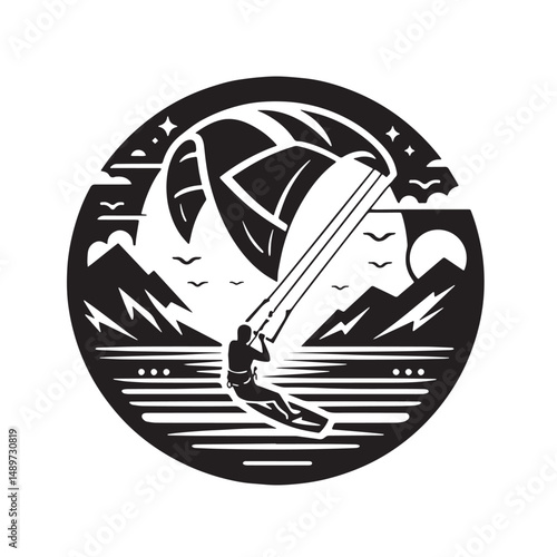 Kitesurfing Silhouette line art vector illustration on white background