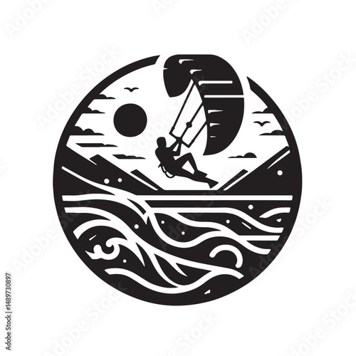 Kitesurfing Silhouette line art vector illustration on white background