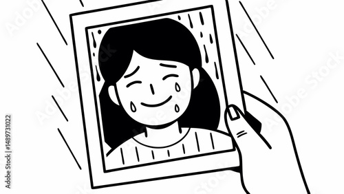 A hand holding a framed picture of a crying girl with rain falling in the background in black and white created with generated ai