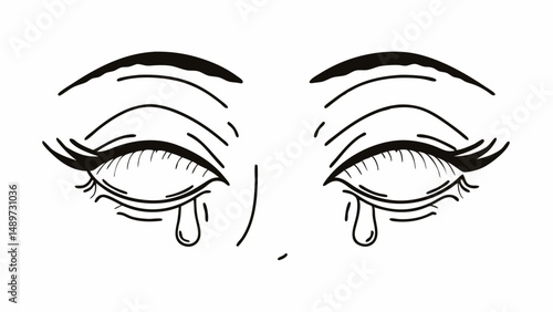 Illustration of a pair of closed eyes with thick eyebrows and tears falling down in black and white style created with generated ai