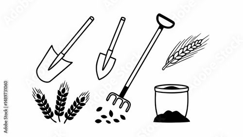 Illustration of farming tools with shovels, a rake, wheat, and seeds in a simple black and white style created with generated ai