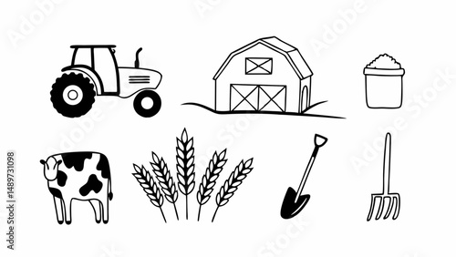 Illustration of farm elements including a tractor barn cow wheat shovel rake and bucket of grain created with generated ai