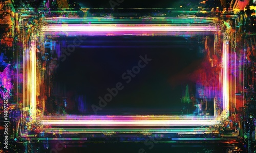 Abstract digital frame with vibrant neon lines and glitch effects