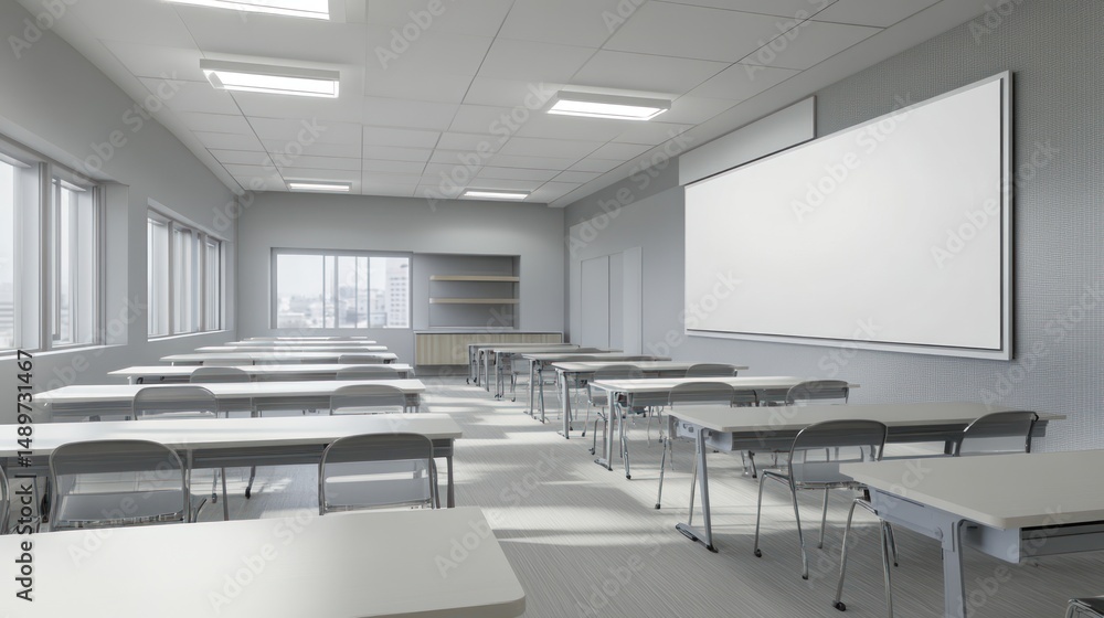 Fototapeta premium Empty modern classroom, desks arranged, city view, blank whiteboard, education