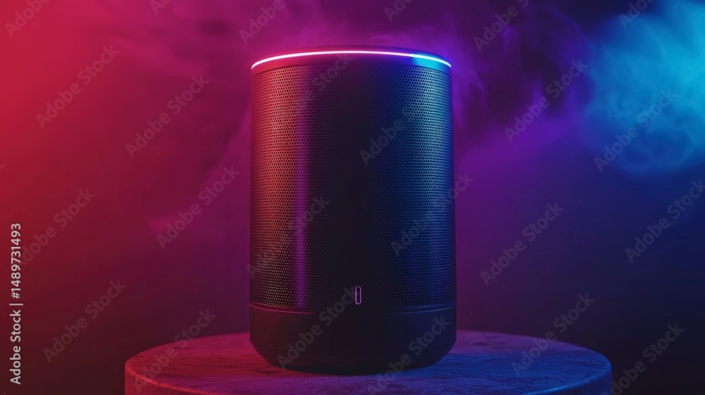 Stylish black portable speaker illuminated by vibrant neon lights. Stylish black portable speaker illuminated by vibrant neon lights.