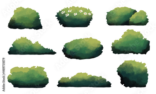 Watercolor Freeform Bush Shrub Clipart. A complete collection of watercolor style green bushes in various shapes including floral variations. Perfect for forest scenes garden decor