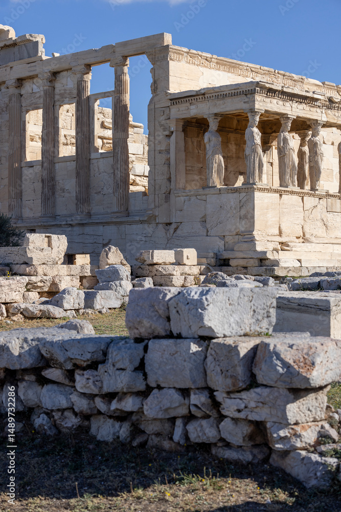 Obraz premium Erechtheion, Temple of Athena Polias on Acropolis of Athens, Greece. Porch of Maidens with statues of caryatids