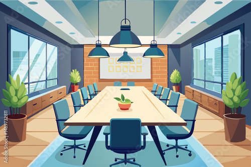 Spacious modern boardroom with large table and pendant lighting vector illustration 