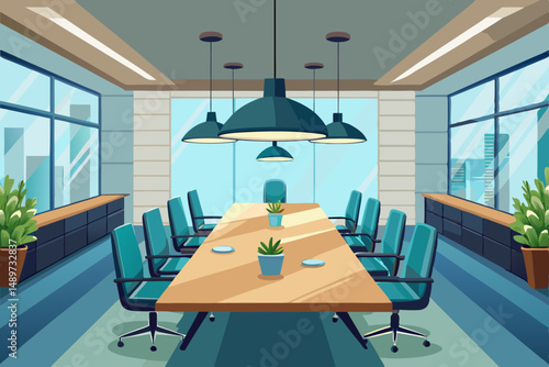 Spacious modern boardroom with large table and pendant lighting vector illustration 