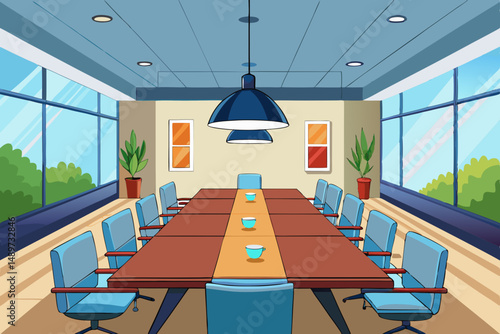 Spacious modern boardroom with large table and pendant lighting vector illustration 