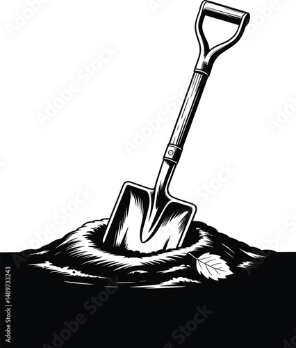 Shovel in Dirt Vector, Grave Digging Illustration in Black and White.