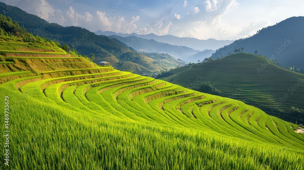 Fototapeta premium Birds Eye View of Golden Rice Farm in Rural Landscape with Lush Green Terraces and Mountains