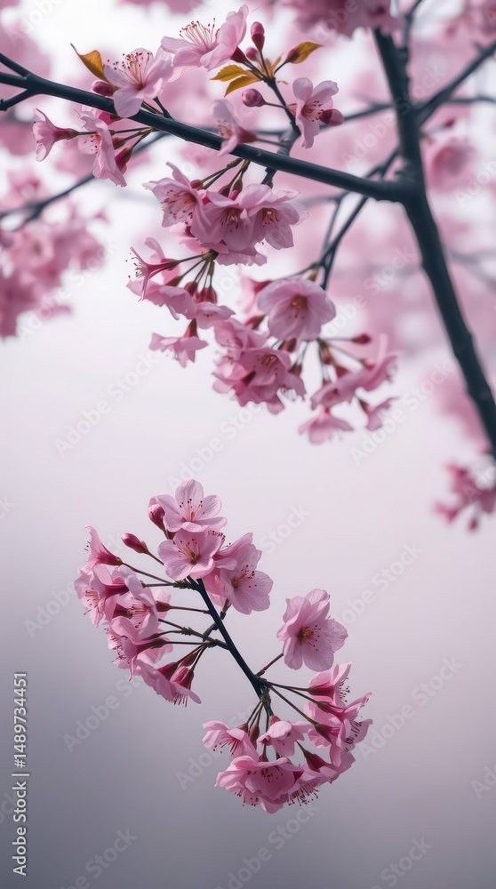 Fototapeta premium Close up of pink cherry blossom flowers on a branch against a soft background