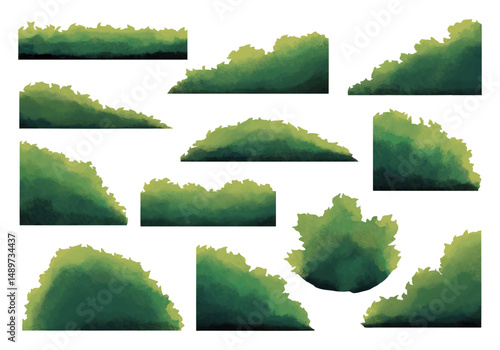 Natural Watercolor Bush Corner Foliage. A complete collection of natural watercolor bushes featuring corner growths leafy spreads. Perfect for garden scenes park layouts and forest backgrounds