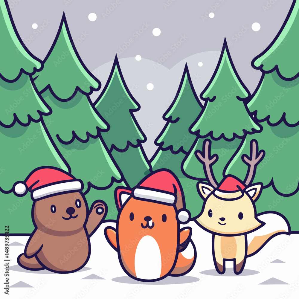 Cute forest animals like bear, fox, and deer in Santa hats, perfect for winter or Christmas-themed designs. Cute forest animals like bear, fox, and deer in Santa hats, perfect for winter or Christmas-themed designs.