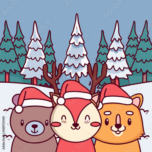 Cute animal characters (bear, fox, deer) wearing Santa hats in a snowy forest scene.