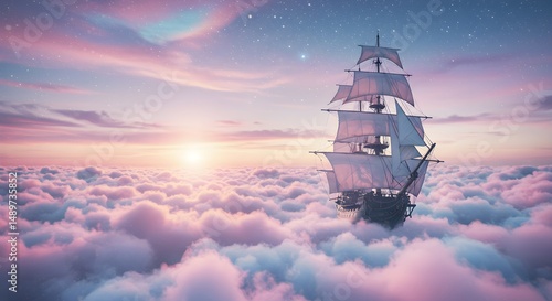 Sailing ship soars above clouds in a dreamy fantasy sky illustration