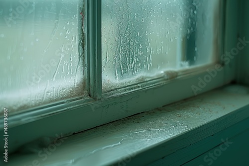 A window with condensation and water droplets on the glass, creating a moody, damp atmosphere indoors.
