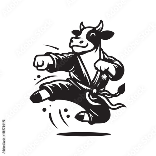 Jumping Kungfu Cow Logo – Fighting Animal Mascot Vector Illustration