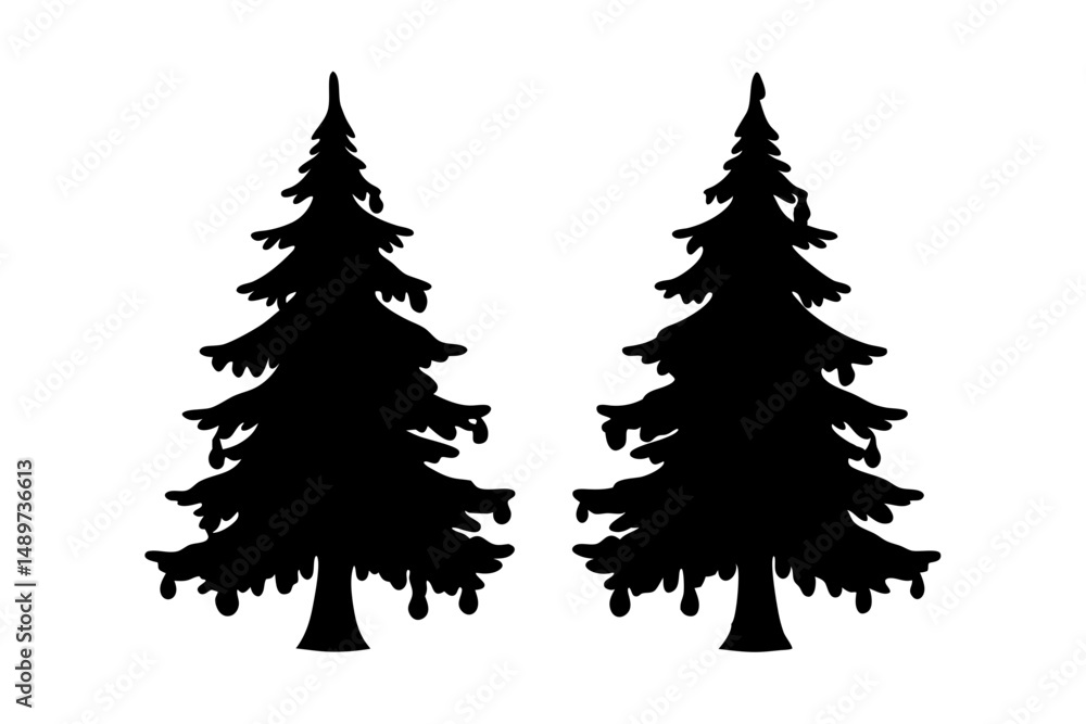 Obraz premium Two Evergreen Trees with Rain Drops Falling Vector Illustration