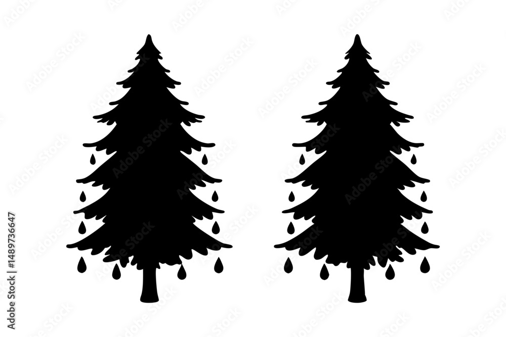 Obraz premium Two Evergreen Trees with Rain Drops Falling Vector Illustration