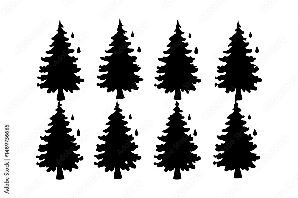 Fototapeta premium Two Evergreen Trees with Rain Drops Falling Vector Illustration