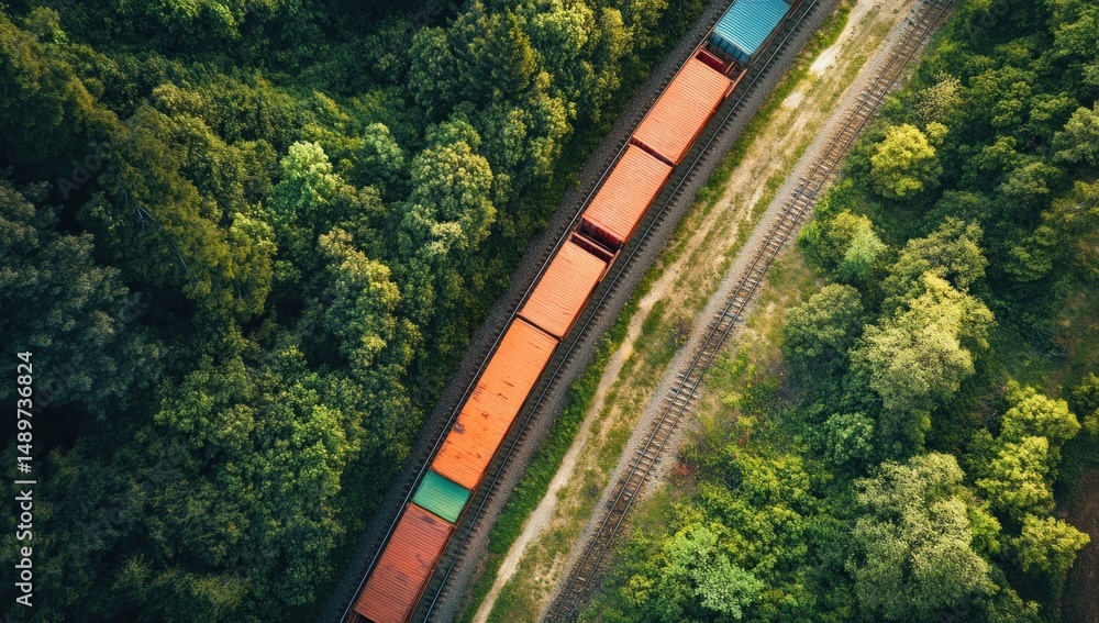 Fototapeta premium Aerial view of a freight train passing through a dense green forest landscape providing essential cargo