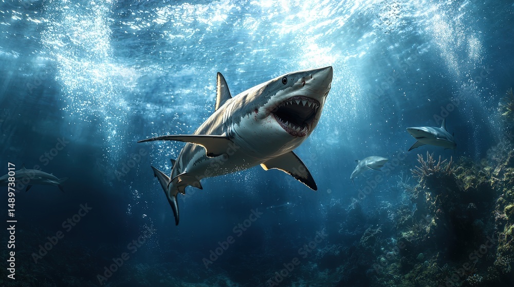 Fototapeta premium Shark encounter ocean depths marine life underwater scene dramatic perspective thrilling nature experience