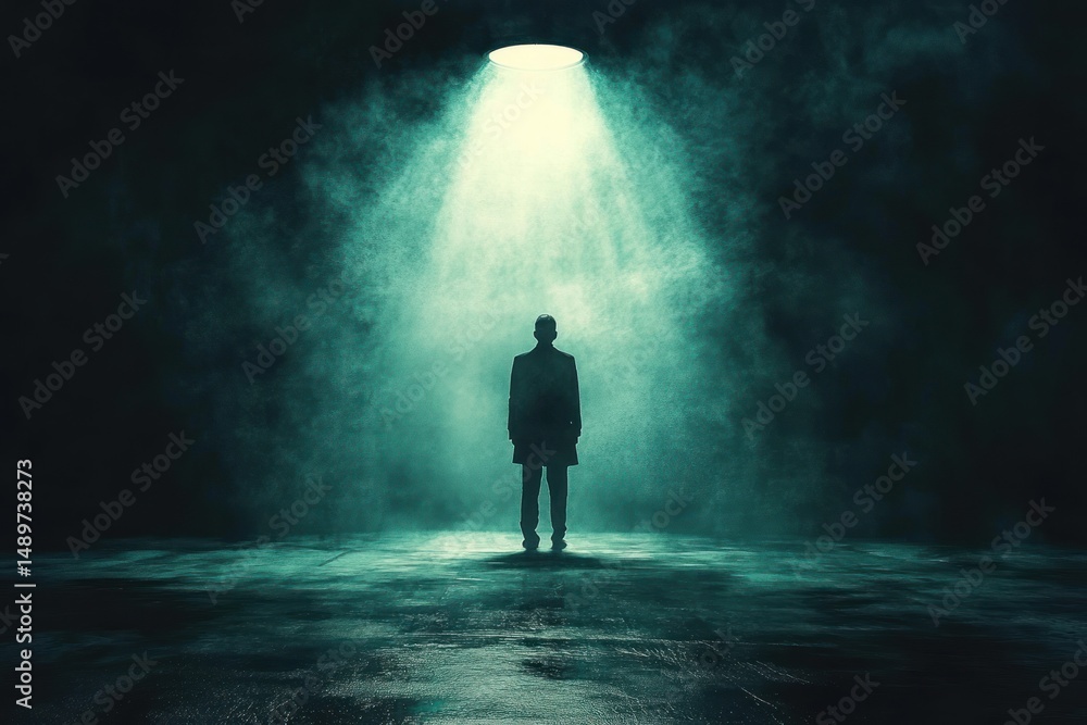 Silhouette of a solitary man standing under a focused beam of light in a dark, misty environment evoking mystery and introspection Silhouette of a solitary man standing under a focused beam of light in a dark, misty environment evoking mystery and introspection