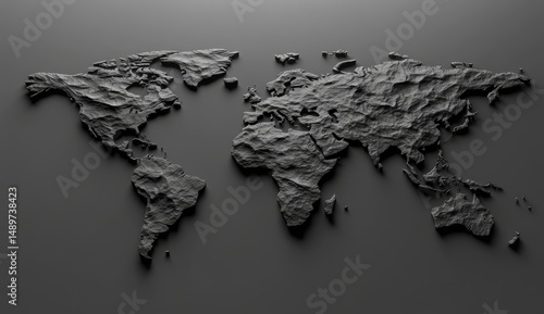 3D world map, textured dark gray relief