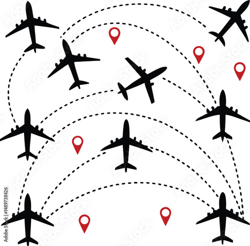 Illustration of several airplanes with dotted lines connecting them and red location markers on a white background