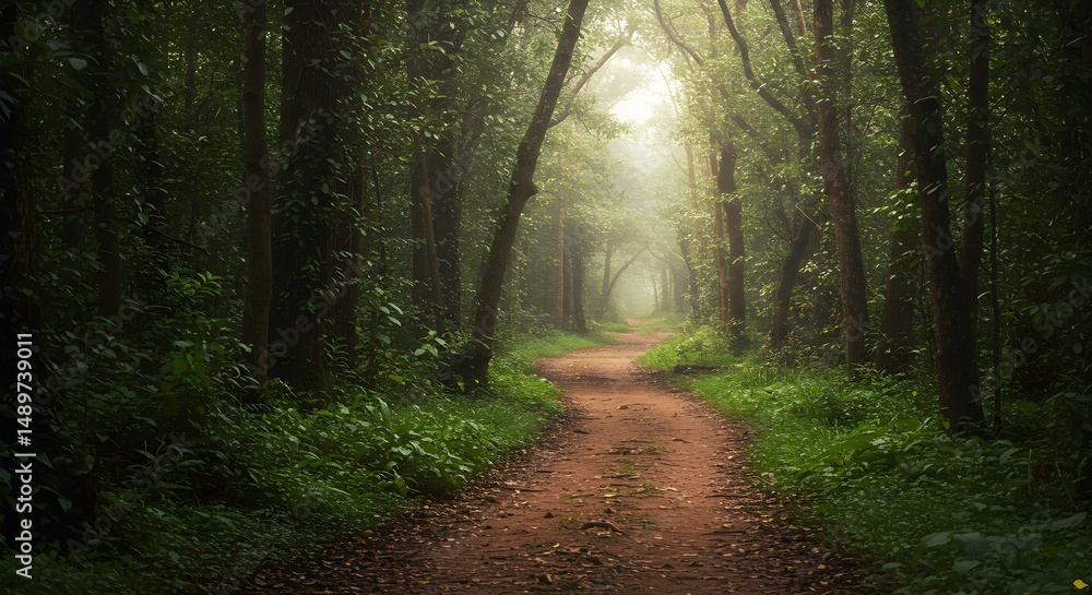 Obraz premium Winding forest path sunlight illuminating green trees peaceful nature scene