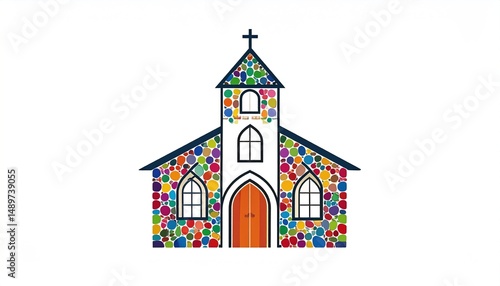 Colorful stylized representation of a religious building.