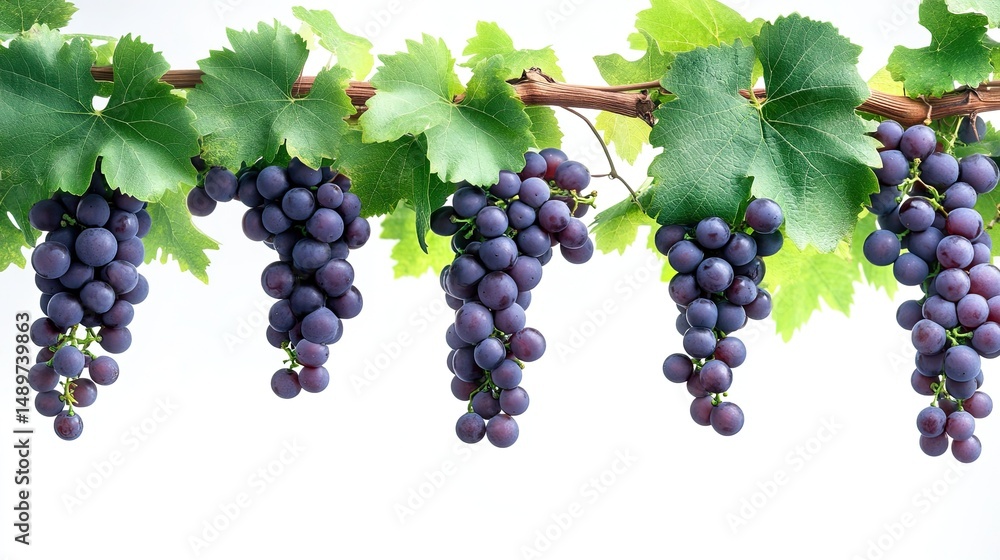 Fototapeta premium Freshly picked grapes on the vine bursting with juicy sweetness symbolizing abundance against a stark white