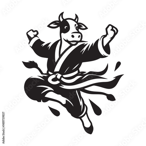 Jumping Kungfu Cow Logo – Fighting Animal Mascot Vector Illustration