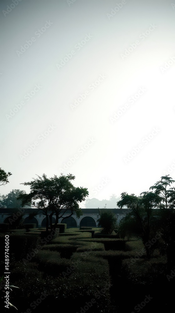 View of a garden maze with hedges and arches in the background View of a garden maze with hedges and arches in the background