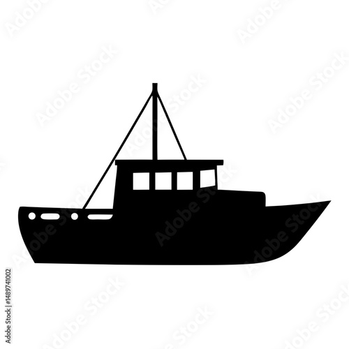 Black Fishing Boat with Cabin and Mast Icon Isolated vector illustration