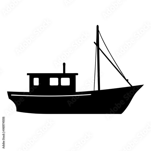 Black Fishing Boat with Cabin and Mast Icon Isolated vector illustration