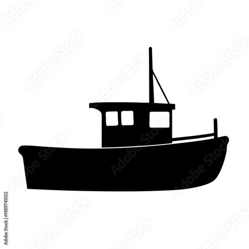 Black Fishing Boat with Cabin and Mast Icon Isolated vector illustration