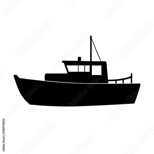 Black Fishing Boat with Cabin and Mast Icon Isolated vector illustration